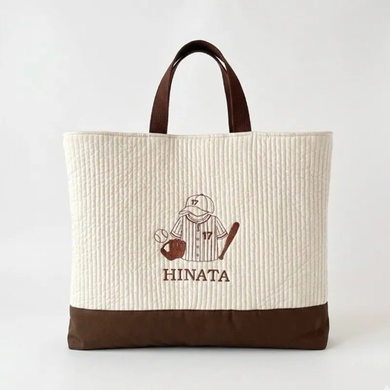野球の刺繍を入れたヌビ生地のレッスンバッグ